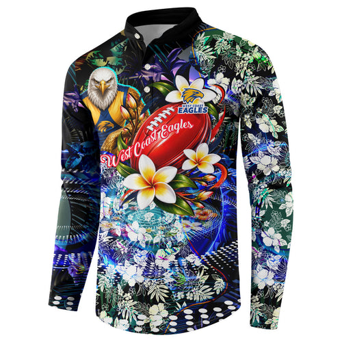 Personalized West Coast Eagles Football Button Sweatshirt Tropical Hibiscus Flowers - Pacific Fusion Style