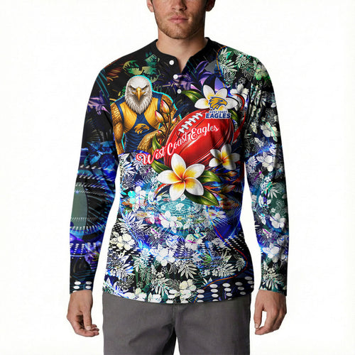 Personalized West Coast Eagles Football Button Sweatshirt Tropical Hibiscus Flowers - Pacific Fusion Style