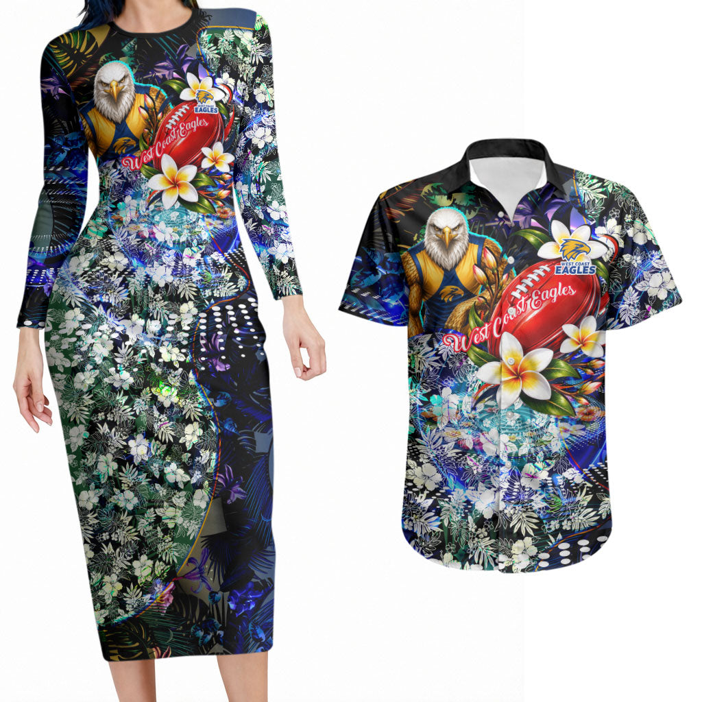 Personalized West Coast Eagles Football Couples Matching Long Sleeve Bodycon Dress and Hawaiian Shirt Tropical Hibiscus Flowers - Pacific Fusion Style