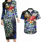 Personalized West Coast Eagles Football Couples Matching Long Sleeve Bodycon Dress and Hawaiian Shirt Tropical Hibiscus Flowers - Pacific Fusion Style