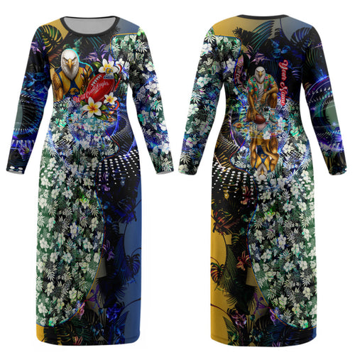 Personalized West Coast Eagles Football Couples Matching Long Sleeve Bodycon Dress and Hawaiian Shirt Tropical Hibiscus Flowers - Pacific Fusion Style