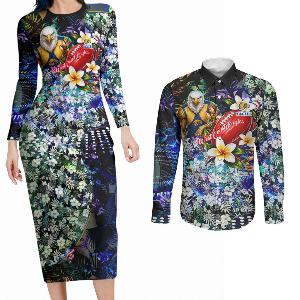 Personalized West Coast Eagles Football Couples Matching Long Sleeve Bodycon Dress and Long Sleeve Button Shirt Tropical Hibiscus Flowers - Pacific Fusion Style