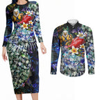 Personalized West Coast Eagles Football Couples Matching Long Sleeve Bodycon Dress and Long Sleeve Button Shirt Tropical Hibiscus Flowers - Pacific Fusion Style