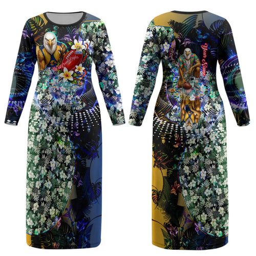 Personalized West Coast Eagles Football Couples Matching Long Sleeve Bodycon Dress and Long Sleeve Button Shirt Tropical Hibiscus Flowers - Pacific Fusion Style