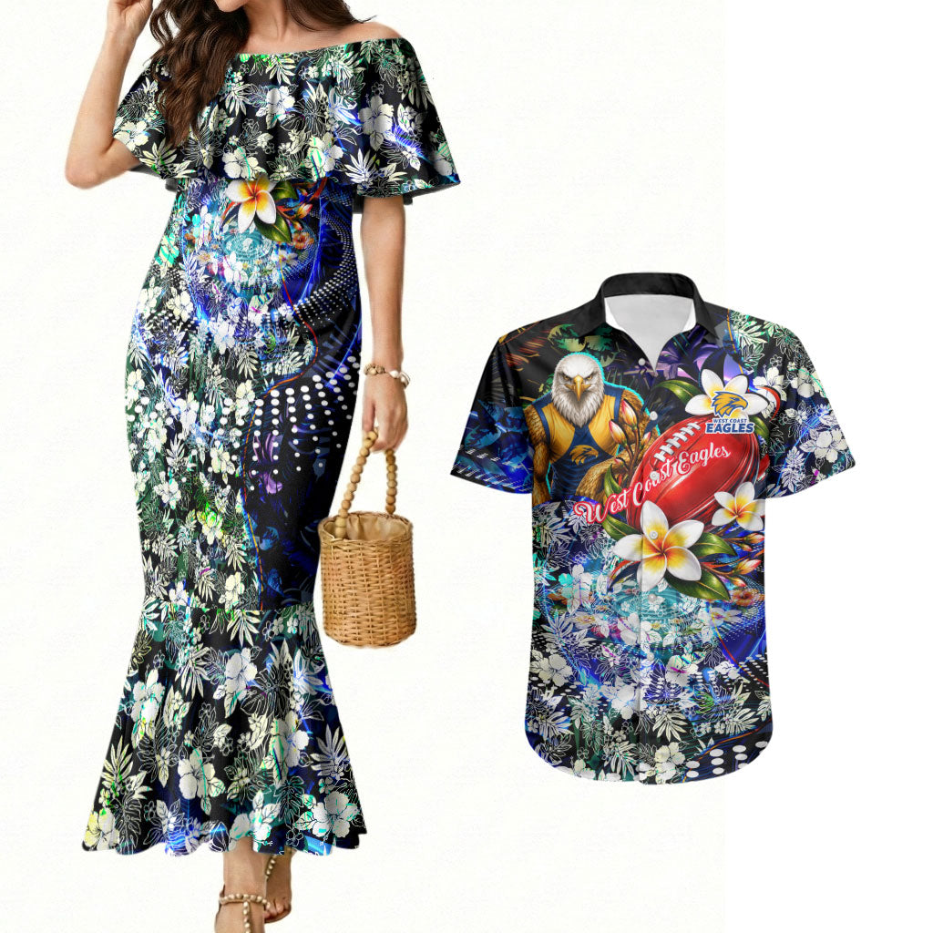 Personalized West Coast Eagles Football Couples Matching Mermaid Dress and Hawaiian Shirt Tropical Hibiscus Flowers - Pacific Fusion Style