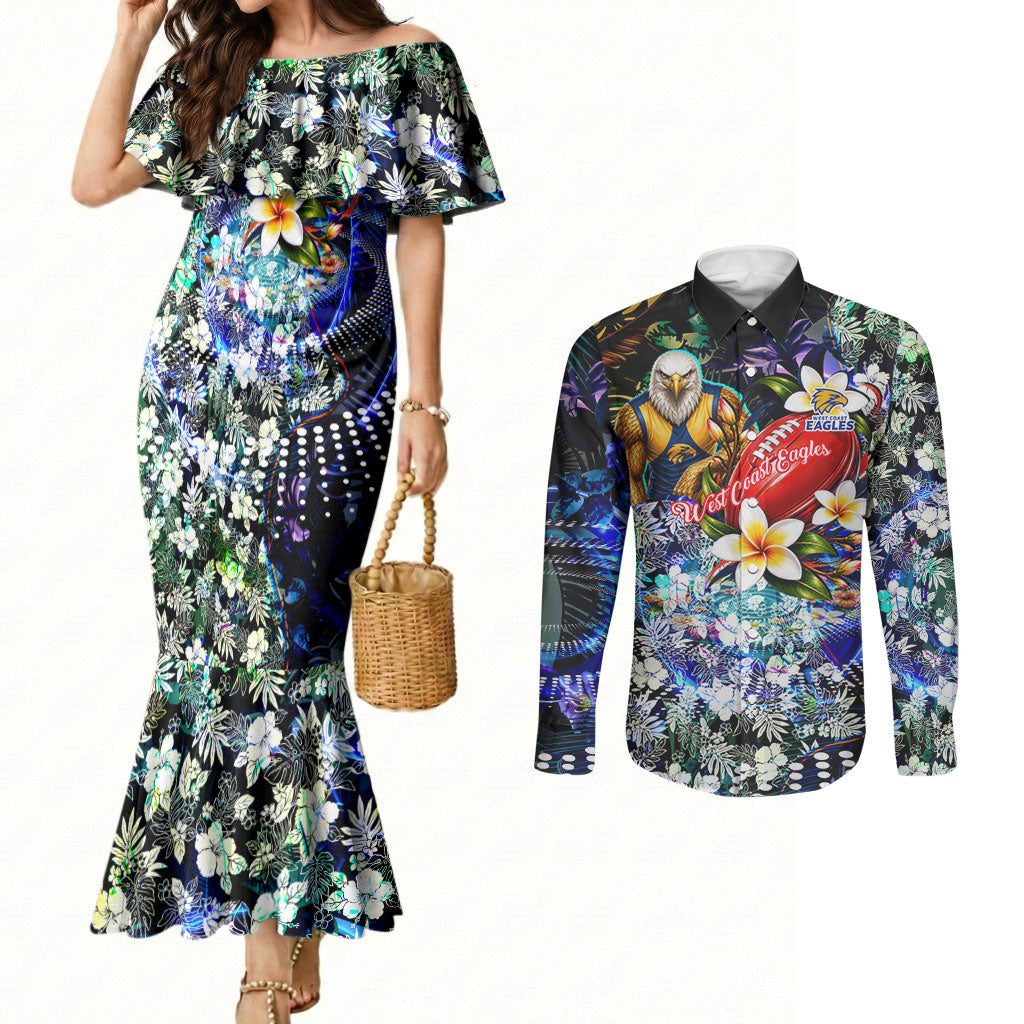 Personalized West Coast Eagles Football Couples Matching Mermaid Dress and Long Sleeve Button Shirt Tropical Hibiscus Flowers - Pacific Fusion Style