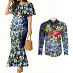 Personalized West Coast Eagles Football Couples Matching Mermaid Dress and Long Sleeve Button Shirt Tropical Hibiscus Flowers - Pacific Fusion Style
