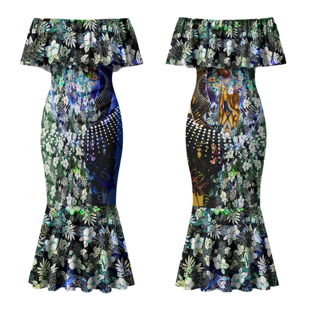 Personalized West Coast Eagles Football Couples Matching Mermaid Dress and Long Sleeve Button Shirt Tropical Hibiscus Flowers - Pacific Fusion Style