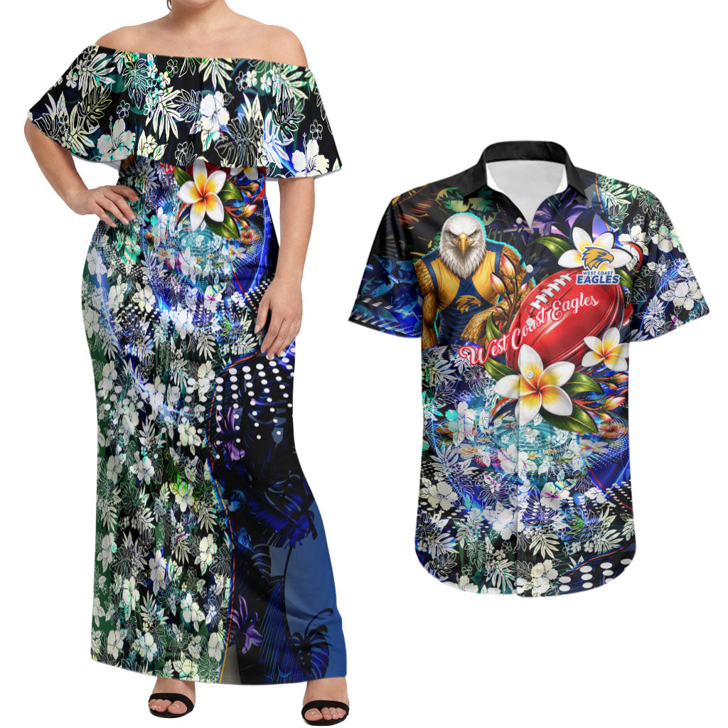 Personalized West Coast Eagles Football Couples Matching Off Shoulder Maxi Dress and Hawaiian Shirt Tropical Hibiscus Flowers - Pacific Fusion Style