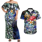 Personalized West Coast Eagles Football Couples Matching Off Shoulder Maxi Dress and Hawaiian Shirt Tropical Hibiscus Flowers - Pacific Fusion Style