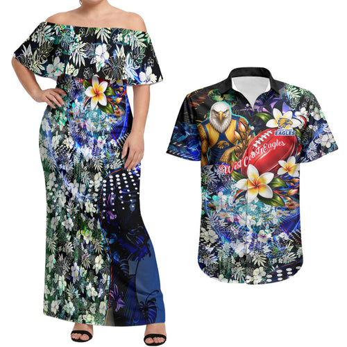 Personalized West Coast Eagles Football Couples Matching Off Shoulder Maxi Dress and Hawaiian Shirt Tropical Hibiscus Flowers - Pacific Fusion Style