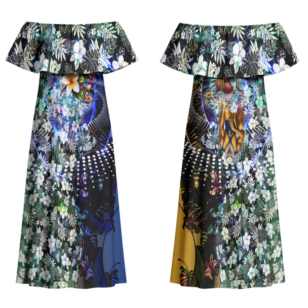 Personalized West Coast Eagles Football Couples Matching Off Shoulder Maxi Dress and Hawaiian Shirt Tropical Hibiscus Flowers - Pacific Fusion Style