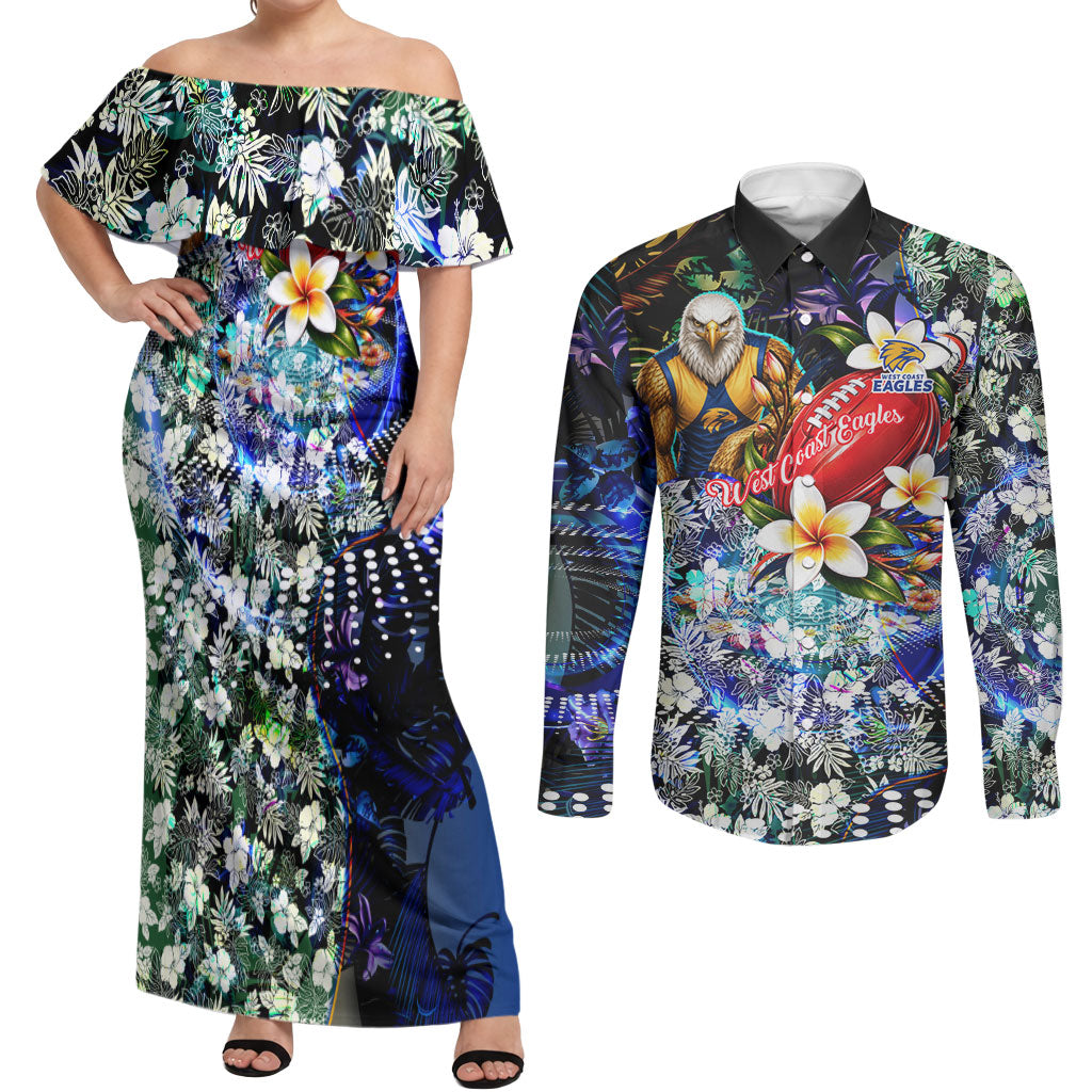Personalized West Coast Eagles Football Couples Matching Off Shoulder Maxi Dress and Long Sleeve Button Shirt Tropical Hibiscus Flowers - Pacific Fusion Style