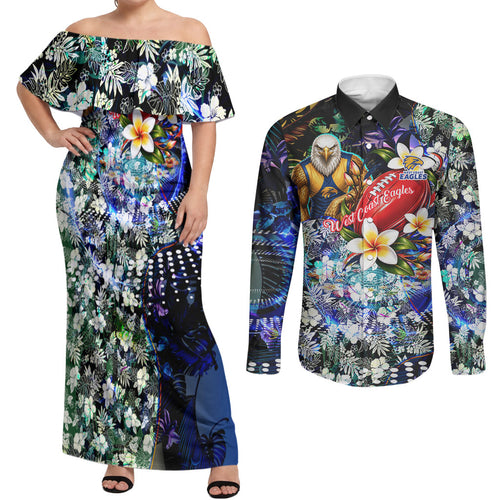 Personalized West Coast Eagles Football Couples Matching Off Shoulder Maxi Dress and Long Sleeve Button Shirt Tropical Hibiscus Flowers - Pacific Fusion Style