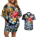 Personalized West Coast Eagles Football Couples Matching Off Shoulder Short Dress and Hawaiian Shirt Tropical Hibiscus Flowers - Pacific Fusion Style