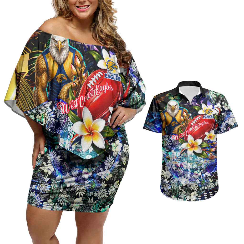 Personalized West Coast Eagles Football Couples Matching Off Shoulder Short Dress and Hawaiian Shirt Tropical Hibiscus Flowers - Pacific Fusion Style