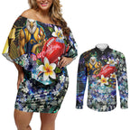 Personalized West Coast Eagles Football Couples Matching Off Shoulder Short Dress and Long Sleeve Button Shirt Tropical Hibiscus Flowers - Pacific Fusion Style