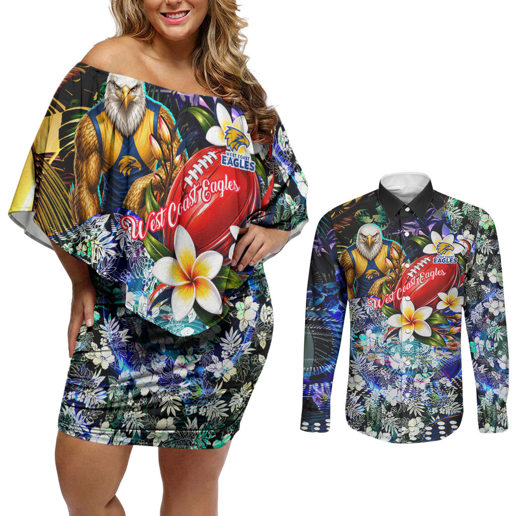 Personalized West Coast Eagles Football Couples Matching Off Shoulder Short Dress and Long Sleeve Button Shirt Tropical Hibiscus Flowers - Pacific Fusion Style