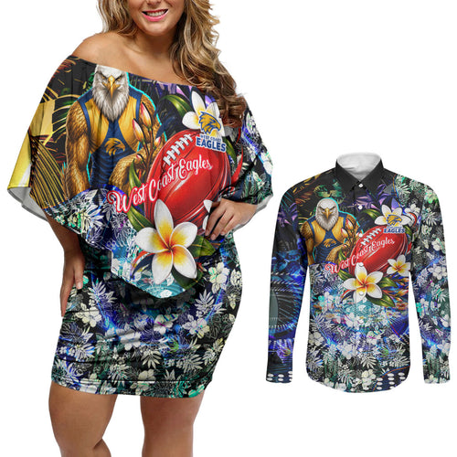 Personalized West Coast Eagles Football Couples Matching Off Shoulder Short Dress and Long Sleeve Button Shirt Tropical Hibiscus Flowers - Pacific Fusion Style