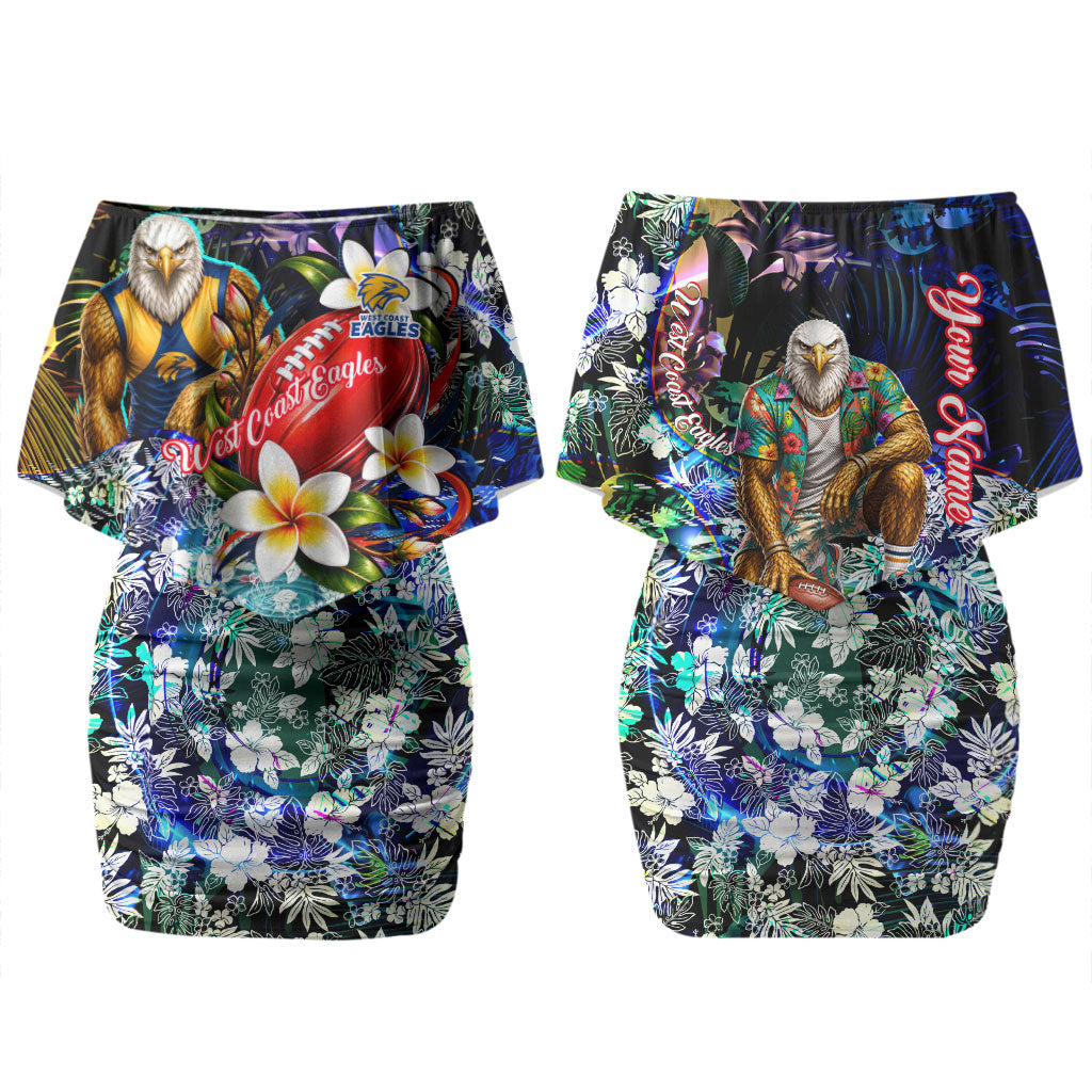 Personalized West Coast Eagles Football Couples Matching Off Shoulder Short Dress and Long Sleeve Button Shirt Tropical Hibiscus Flowers - Pacific Fusion Style