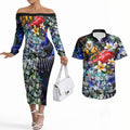 Personalized West Coast Eagles Football Couples Matching Off The Shoulder Long Sleeve Dress and Hawaiian Shirt Tropical Hibiscus Flowers - Pacific Fusion Style
