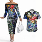 Personalized West Coast Eagles Football Couples Matching Off The Shoulder Long Sleeve Dress and Hawaiian Shirt Tropical Hibiscus Flowers - Pacific Fusion Style
