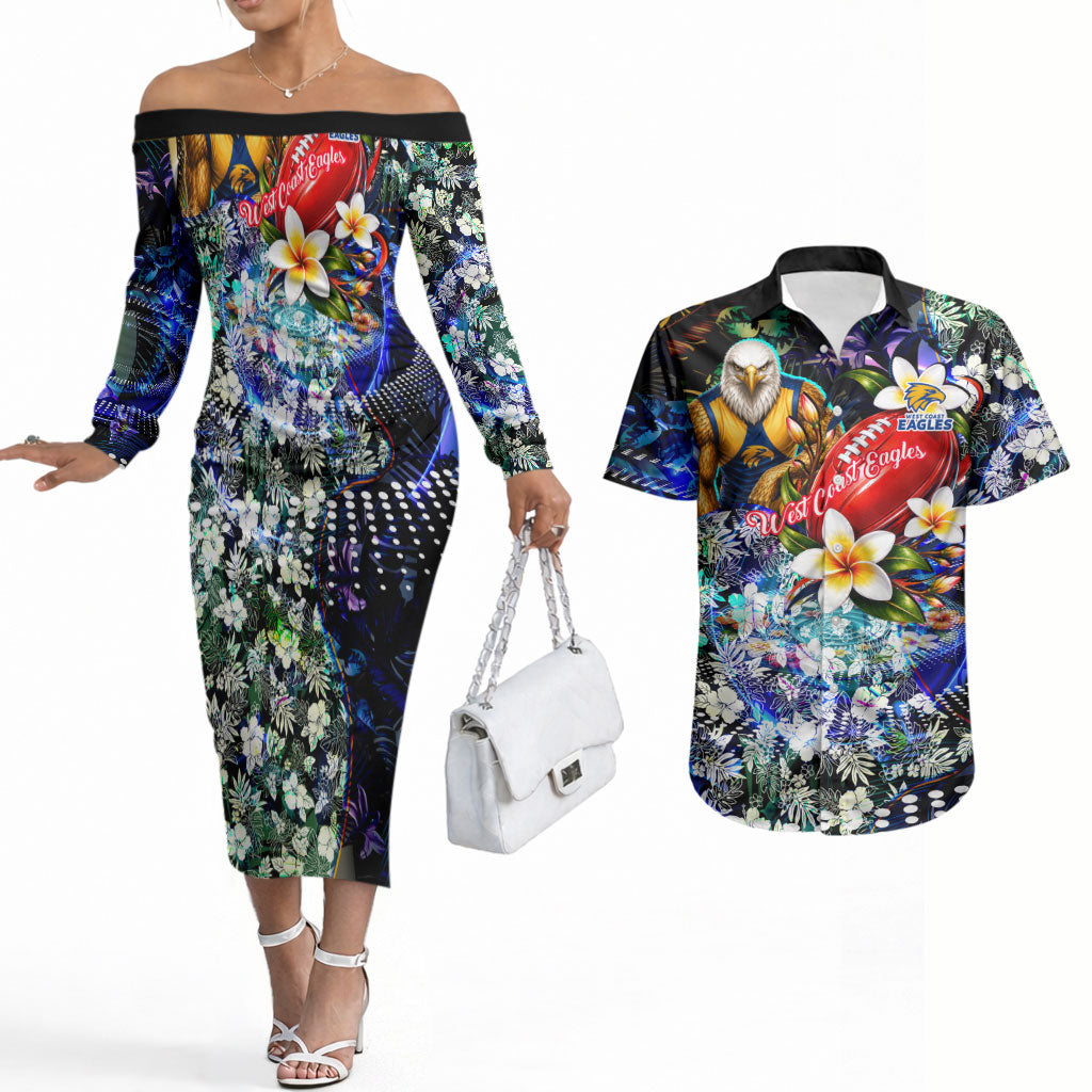 Personalized West Coast Eagles Football Couples Matching Off The Shoulder Long Sleeve Dress and Hawaiian Shirt Tropical Hibiscus Flowers - Pacific Fusion Style