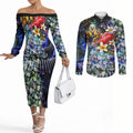 Personalized West Coast Eagles Football Couples Matching Off The Shoulder Long Sleeve Dress and Long Sleeve Button Shirt Tropical Hibiscus Flowers - Pacific Fusion Style
