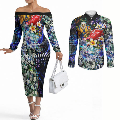 Personalized West Coast Eagles Football Couples Matching Off The Shoulder Long Sleeve Dress and Long Sleeve Button Shirt Tropical Hibiscus Flowers - Pacific Fusion Style