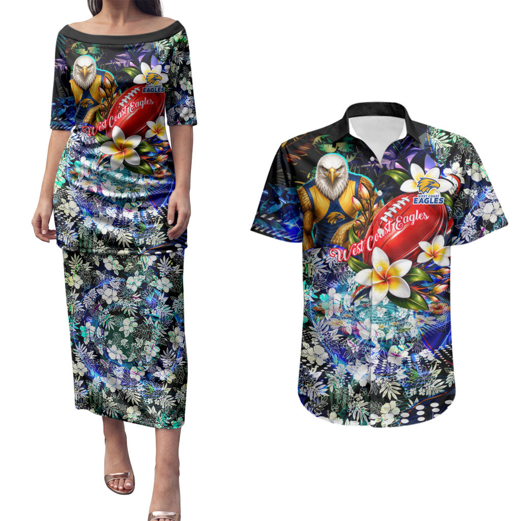 Personalized West Coast Eagles Football Couples Matching Puletasi and Hawaiian Shirt Tropical Hibiscus Flowers - Pacific Fusion Style