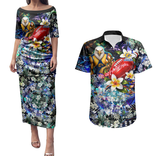 Personalized West Coast Eagles Football Couples Matching Puletasi and Hawaiian Shirt Tropical Hibiscus Flowers - Pacific Fusion Style