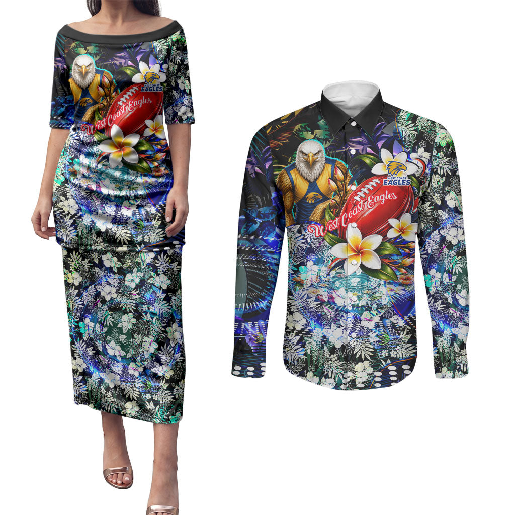 Personalized West Coast Eagles Football Couples Matching Puletasi and Long Sleeve Button Shirt Tropical Hibiscus Flowers - Pacific Fusion Style