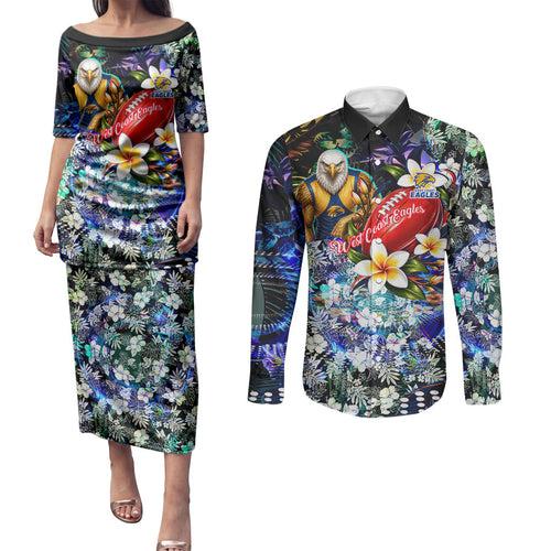 Personalized West Coast Eagles Football Couples Matching Puletasi and Long Sleeve Button Shirt Tropical Hibiscus Flowers - Pacific Fusion Style