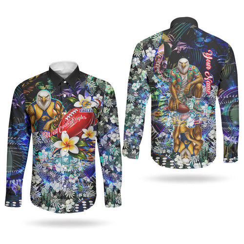 Personalized West Coast Eagles Football Couples Matching Puletasi and Long Sleeve Button Shirt Tropical Hibiscus Flowers - Pacific Fusion Style