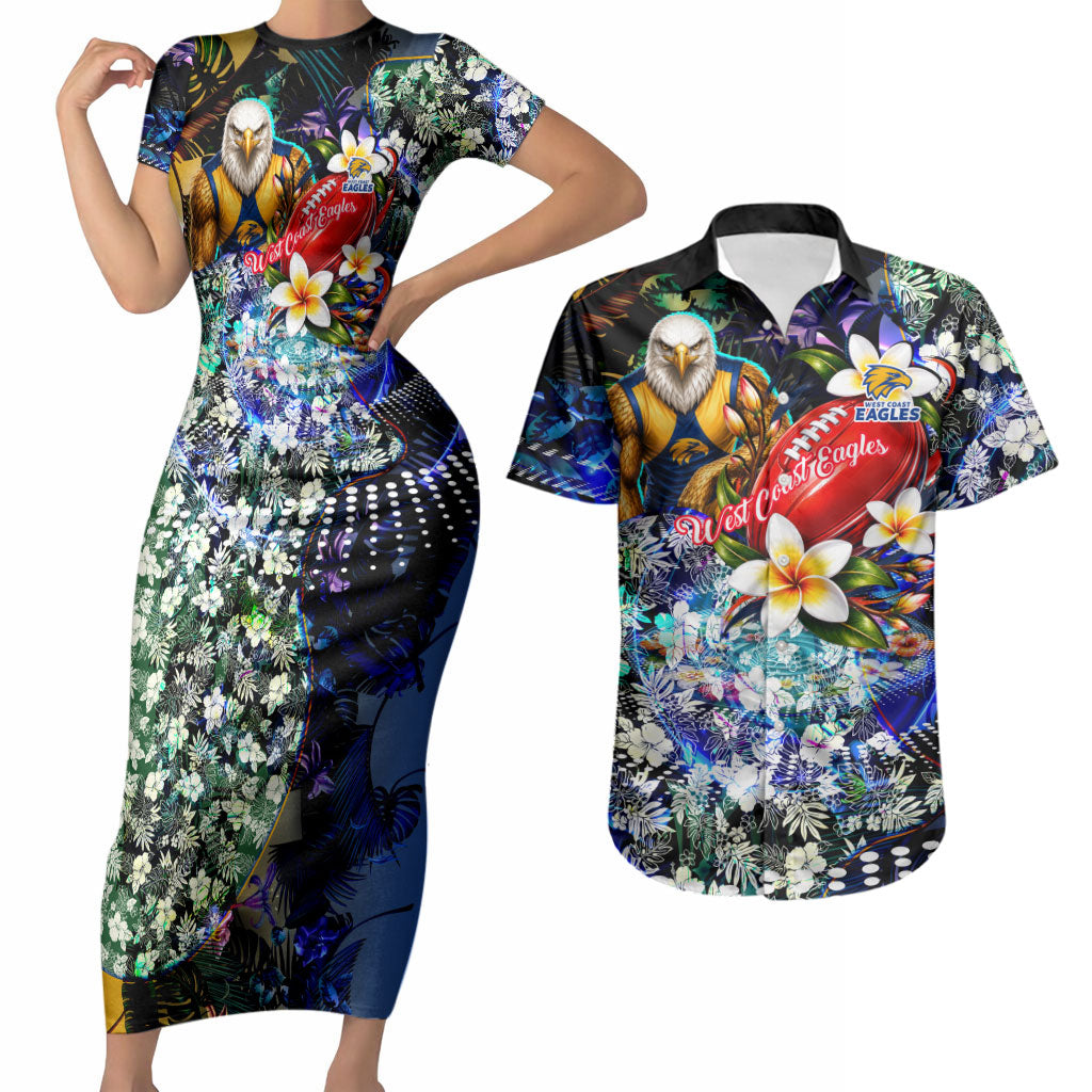 Personalized West Coast Eagles Football Couples Matching Short Sleeve Bodycon Dress and Hawaiian Shirt Tropical Hibiscus Flowers - Pacific Fusion Style