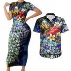 Personalized West Coast Eagles Football Couples Matching Short Sleeve Bodycon Dress and Hawaiian Shirt Tropical Hibiscus Flowers - Pacific Fusion Style