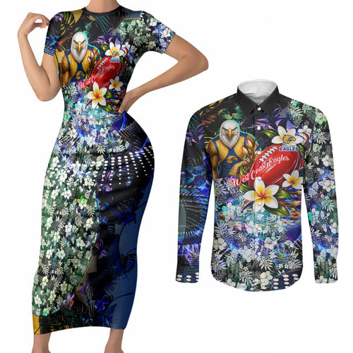 Personalized West Coast Eagles Football Couples Matching Short Sleeve Bodycon Dress and Long Sleeve Button Shirt Tropical Hibiscus Flowers - Pacific Fusion Style