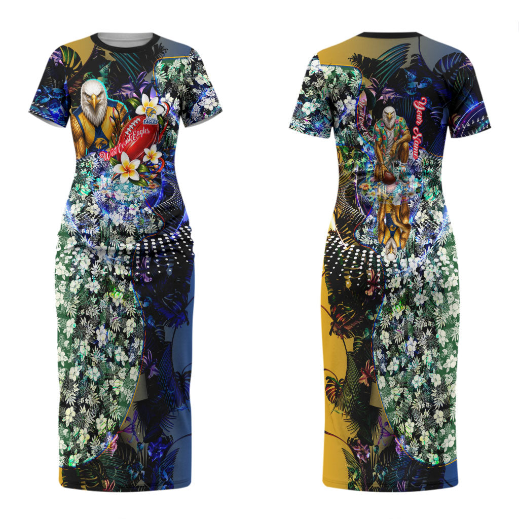 Personalized West Coast Eagles Football Couples Matching Short Sleeve Bodycon Dress and Long Sleeve Button Shirt Tropical Hibiscus Flowers - Pacific Fusion Style