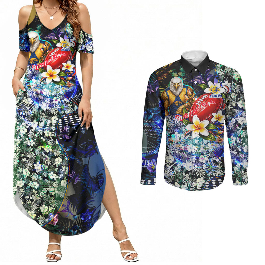 Personalized West Coast Eagles Football Couples Matching Summer Maxi Dress and Long Sleeve Button Shirt Tropical Hibiscus Flowers - Pacific Fusion Style