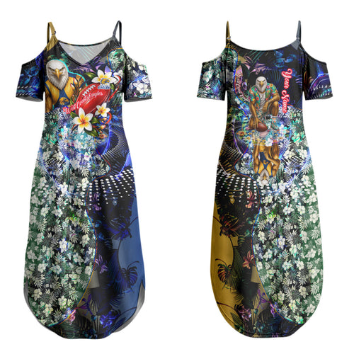 Personalized West Coast Eagles Football Couples Matching Summer Maxi Dress and Long Sleeve Button Shirt Tropical Hibiscus Flowers - Pacific Fusion Style