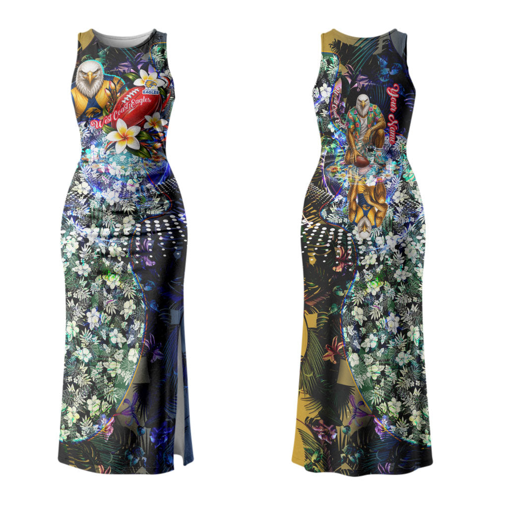 Personalized West Coast Eagles Football Couples Matching Tank Maxi Dress and Long Sleeve Button Shirt Tropical Hibiscus Flowers - Pacific Fusion Style
