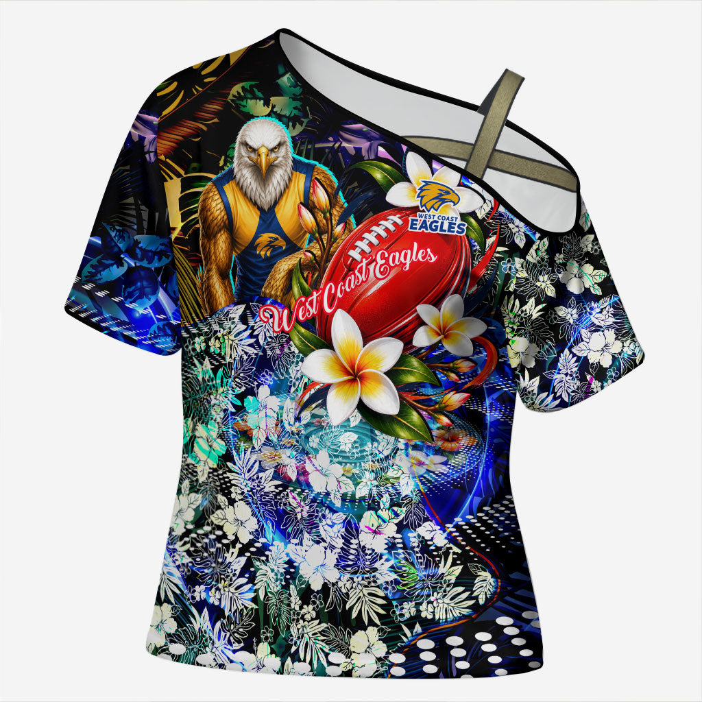 Personalized West Coast Eagles Football Cross Shoulder Shirt Tropical Hibiscus Flowers - Pacific Fusion Style