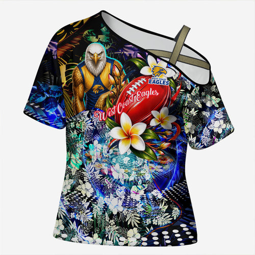 Personalized West Coast Eagles Football Cross Shoulder Shirt Tropical Hibiscus Flowers - Pacific Fusion Style