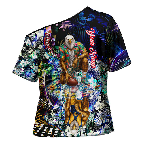 Personalized West Coast Eagles Football Cross Shoulder Shirt Tropical Hibiscus Flowers - Pacific Fusion Style