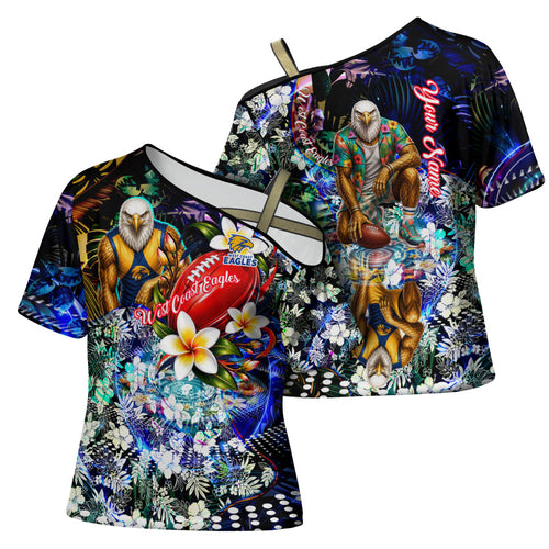 Personalized West Coast Eagles Football Cross Shoulder Shirt Tropical Hibiscus Flowers - Pacific Fusion Style