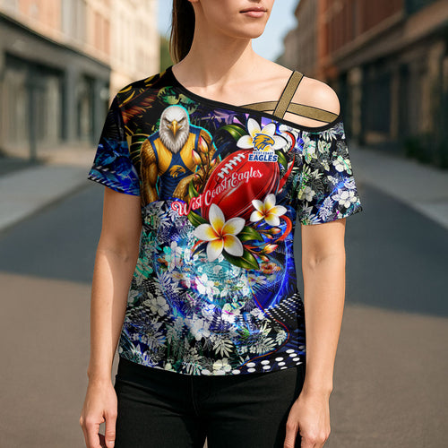 Personalized West Coast Eagles Football Cross Shoulder Shirt Tropical Hibiscus Flowers - Pacific Fusion Style
