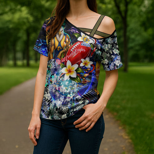Personalized West Coast Eagles Football Cross Shoulder Shirt Tropical Hibiscus Flowers - Pacific Fusion Style