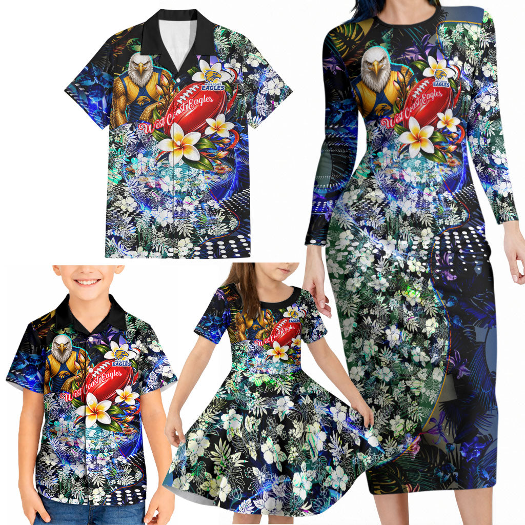 Personalized West Coast Eagles Football Family Matching Long Sleeve Bodycon Dress and Hawaiian Shirt Tropical Hibiscus Flowers - Pacific Fusion Style