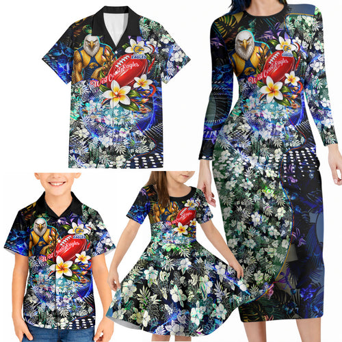 Personalized West Coast Eagles Football Family Matching Long Sleeve Bodycon Dress and Hawaiian Shirt Tropical Hibiscus Flowers - Pacific Fusion Style
