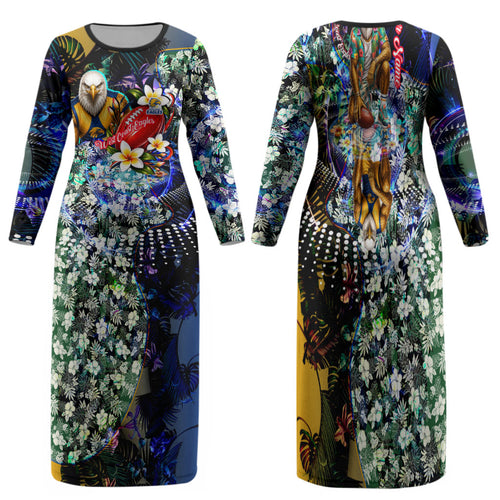 Personalized West Coast Eagles Football Family Matching Long Sleeve Bodycon Dress and Hawaiian Shirt Tropical Hibiscus Flowers - Pacific Fusion Style
